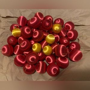 46 Vintage 70’s Satin Fiber Wrapped mini ball ornaments Red and Gold color